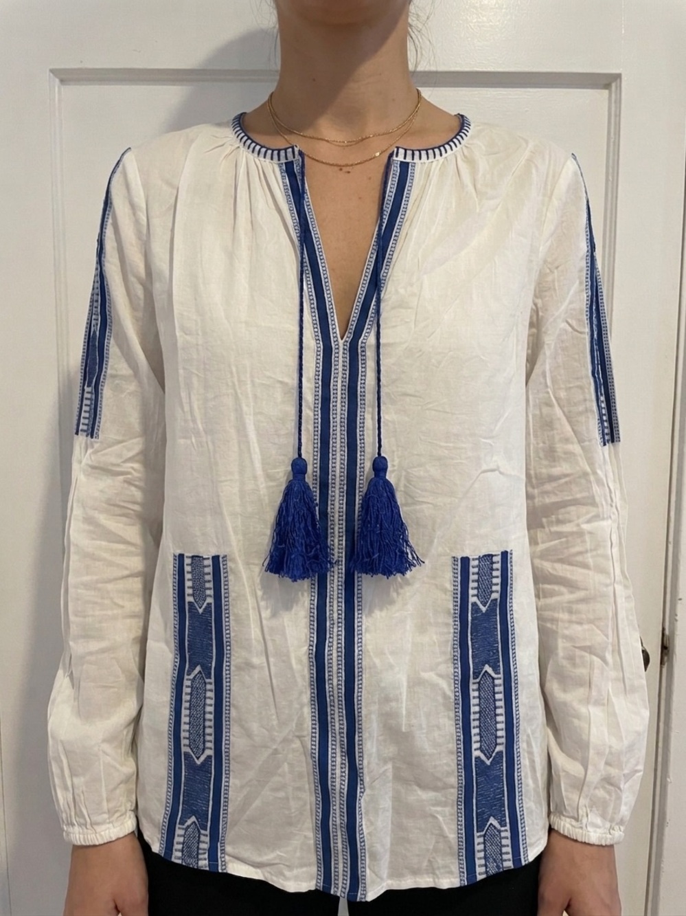 Michael Kors White Cotton Peasant Blouse with Blue Embroidery and Tassels